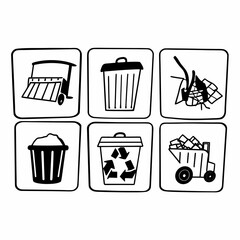 Illustration of garbage and recycling icons including trash bins, trucks, and recycle symbol isolated on white background