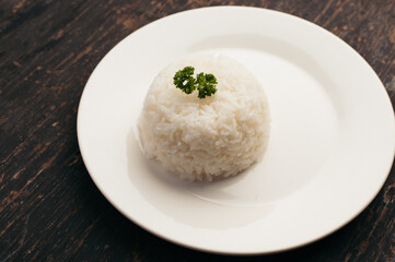 Fluffy White Rice with Parsley Garnish on White Plate