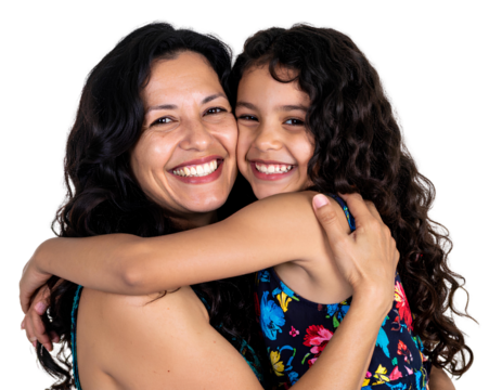 Smiling mother hugging and having fun with her daughter, family relationship and moth isolated on a transparent background.