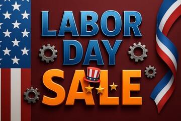 Labor Day Sale Design with Metallic Blue Text, Patriotic Ribbon, and 3D Orange Sign
