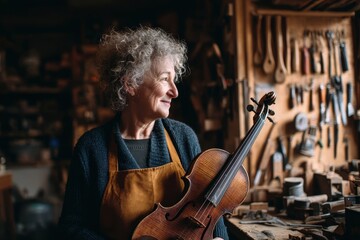 Profile of an elderly white woman luthier in her workshop grasping a violin body with tools displayed on the wall behind her