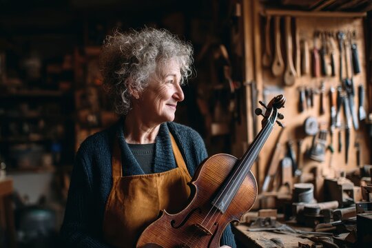 Profile of an elderly white woman luthier in her workshop grasping a violin body with tools displayed on the wall behind her