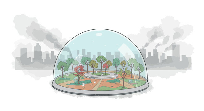 Eco urban oasis dome against city pollution in pastel colors