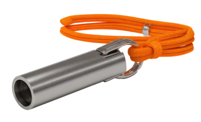 A metal whistle attached to an orange cord