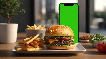 Gourmet cheeseburger with french fries and a green screen phone