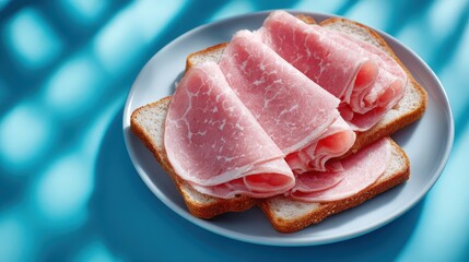 Cultured ham slices arranged neatly on bread with bioreactor schematic projection above