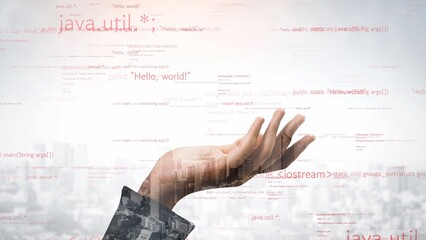 A creative hand reaching towards floating code snippets symbolizes the fusion of technology and innovation against an urban skyline backdrop. Xenic