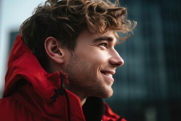Side view of a smiling man in a red jacket looking off