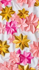 Modern Low Poly Floral Elegance in Gold and Pink on Soft Textile