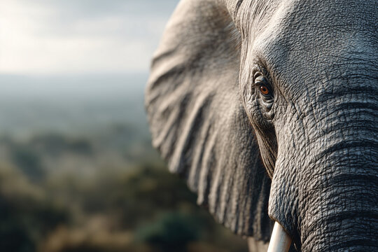 The close-up of elephant's face with a captivating gaze and the details of its skin - Powered by Adobe