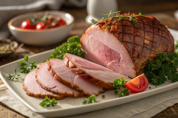 Deliciously sliced roasted ham with garnish on a platter