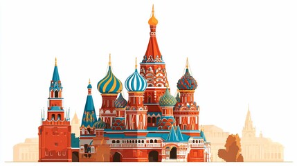 Illustration depicts colorful stylized architecture of the cathedral in Red Square.