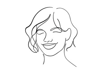 Minimalist continuous line drawing a smiling woman with wavy hair face smile