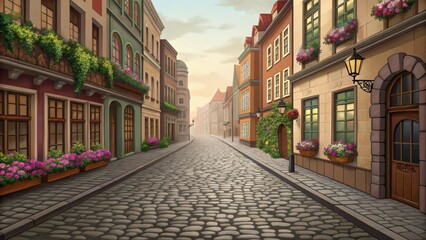 Obraz premium Charming European cobblestone street with colorful buildings and flower boxes creates a welcoming atmosphere