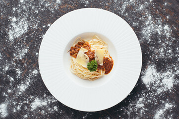 Overhead View of Spaghetti with Meat Sauce and Parmesan
