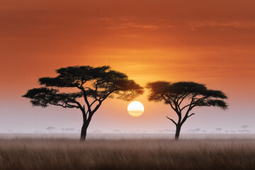 Fototapeta premium Spectacular savanna sunset silhouette of two trees and the sun setting on the horizon, creating a serene atmosphere