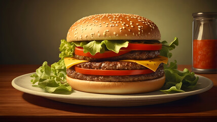 A large and delicious cheeseburger on a dark wooden table
