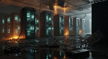 A vibrant blue holographic projection showcasing complex digital data and network structures above a sleek dark platform.