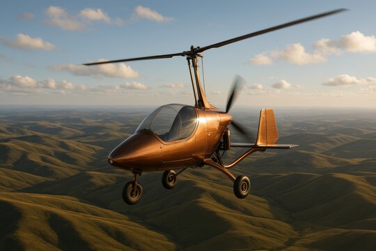 Copper gyrocopter soaring over rolling hills during golden hour