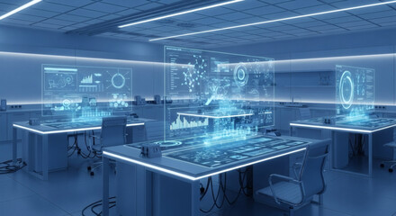 Futuristic lab or office space with holographic displays and computer interfaces, suggesting advanced technology and research.