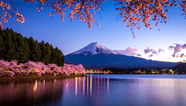Mountain lake cherry blossoms sunset - Powered by Adobe