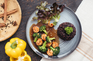 Shrimp and Broccoli with Black Rice Overhead View of Savory Dish