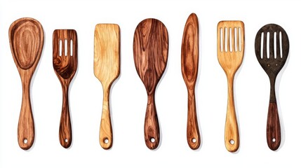 A collection of wooden cooking utensils arranged neatly for culinary use and aesthetic kitchen decor.