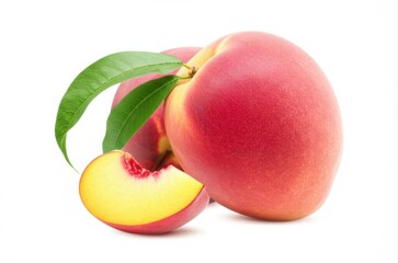 On a white background are two peaches and a sliced slice with bright yellow flesh and a red border. These juicy fruits with a pleasant texture create an appetizing still life.