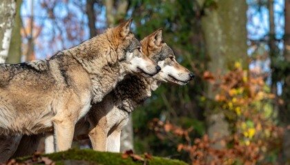 Obraz premium Two wolves in forest landscape