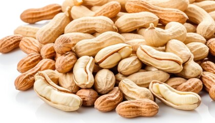 Fototapeta premium A pile of inshell peanuts and peeled peanuts is presented on a white background. Vivid details and textures create an attractive look.
