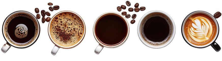 Variety of coffee drinks in white cups © Manhaj