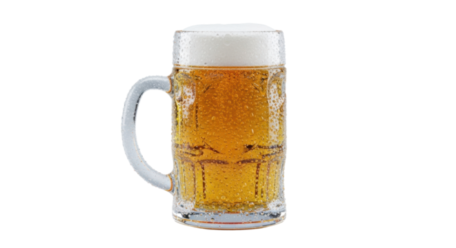 A classic, clear glass beer stein filled with vibrant, effervescent golden lager, topped with creamy foam, covered in glistening cold condensation on a transparent background, concept for beverage