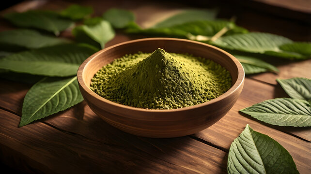 A bowl of green tea matcha powder on a wooden table