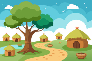 Fototapeta premium A cartoon vector illustration of a peaceful rural landscape with a farmhouse, green hills, and a road leading toward distant mountains under a bright summer sky