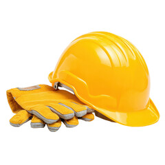Safety gear including a yellow hard hat and work gloves for construction activities at a worksite