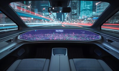 Futuristic vehicle interior with digital display navigating Neo-Tokyo city lights at night