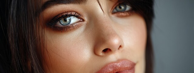 Enchanting beauty portrait showcasing copper tones and striking blue eyes with soft lighting in a serene backdrop