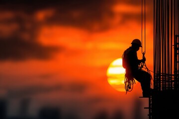 Construction worker descends from building at sunset in silhouetted view