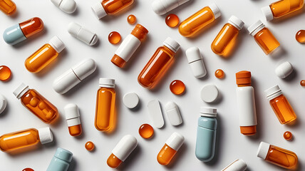 A variety of medicine bottles and supplements scattered on a white background