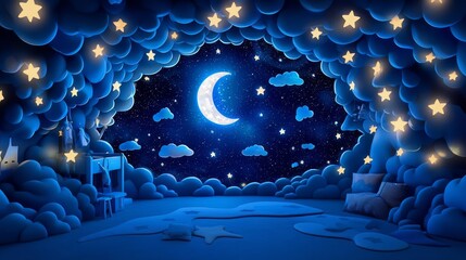 Obraz premium A whimsical night sky scene with a glowing crescent moon and sparkling stars surrounded by fluffy clouds.