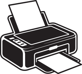 Simplified black and white vector illustration of a modern office printer with output paper