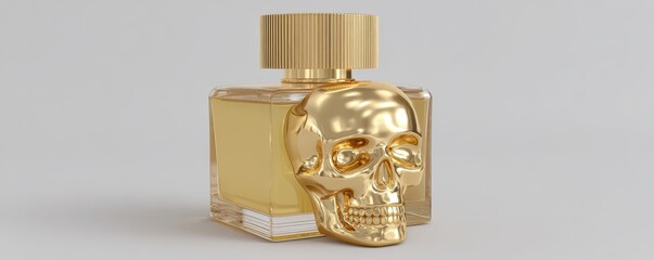 A unique golden skull-shaped perfume bottle on a neutral background.