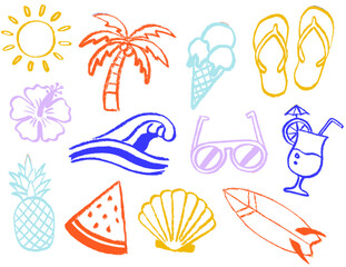Set of hand-drawn summer illustration icons. Collection of doodle beach and vacation elements, including sun, palm tree, ice cream, and surfboard.