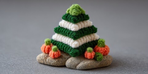 Creative knitted decoration with vibrant colors and playful shapes.
