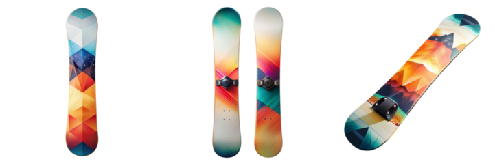 Abstract Geometric Snowboard Designs Triple Composition, Isolated on Transparent Background, Snow Sports Gear, Snowboard, Graphics, Winter Sports