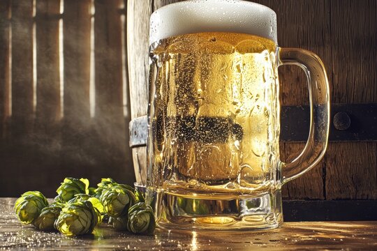 Enjoy a refreshing beer crafted with hops while embracing the charm of a rustic setting - Powered by Adobe