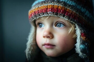 Three year old Caucasian child in winter hat looking to the side