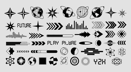 Futuristic abstract graphic design elements and icons set, featuring technology, science, and digital concepts with a modern, retro y2k aesthetic