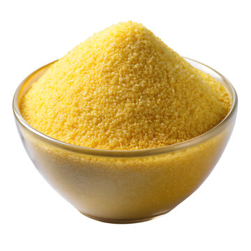 Bowl of yellow cornmeal or polenta on a black background on transparent background