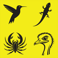 Fototapeta premium Wildlife Silhouette Collection of Animals Birds and Reptiles Including Hummingbird Lizard Ostrich and Crab with Yellow Background